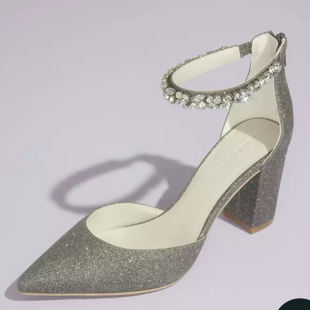 Oleg Cassini Crystal Strap Glitter Pointed Toe Block Heels Size 6